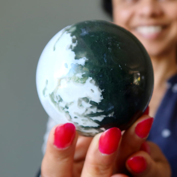 Moss Agate Sphere Flourishing Green White Crystal Ball