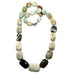 Amazonite necklace with multicolored beads on a white background