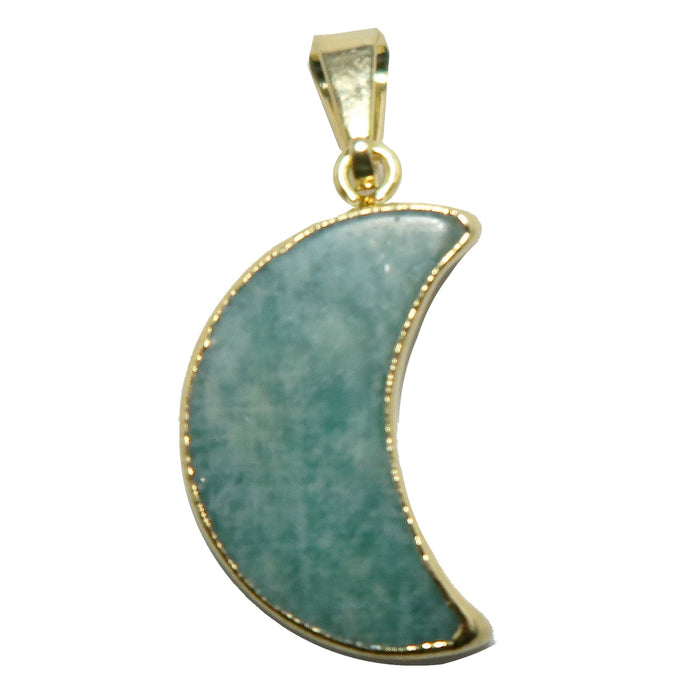 Amazonite Crescent-shaped pendant with gold frame on a white background