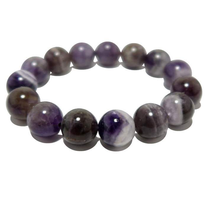 chevron amethyst beaded bracelet with purple and gray stones on a white background