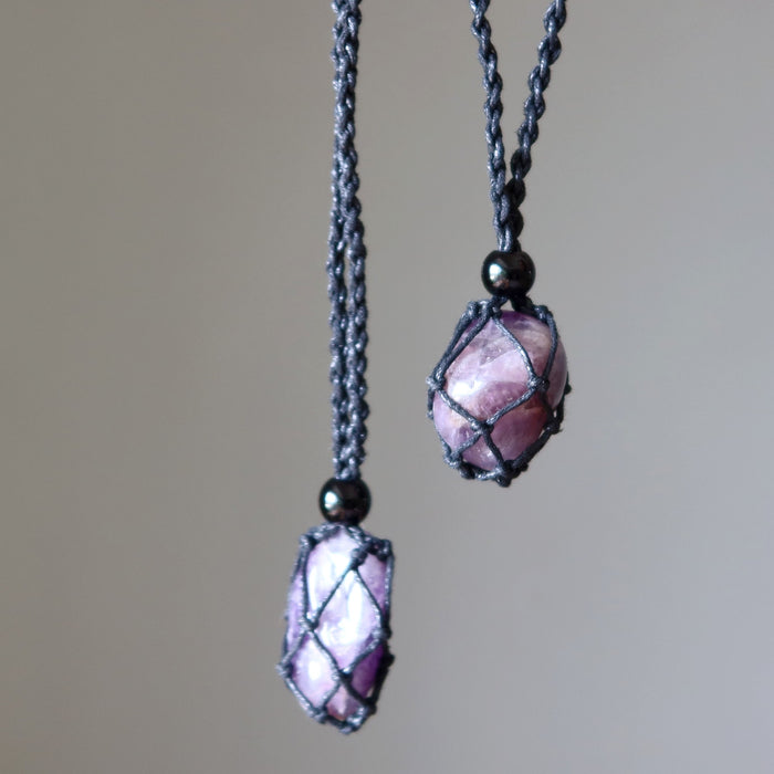 two amethyst macrame necklaces