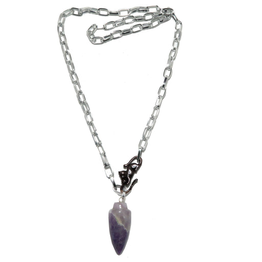 Necklace with a purple amethyst stone pendant and cat clasp on a white background