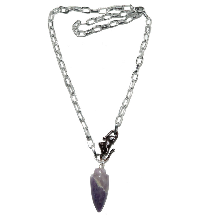 Necklace with a purple amethyst stone pendant and cat clasp on a white background