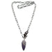 Necklace with a purple amethyst stone pendant and cat clasp on a white background