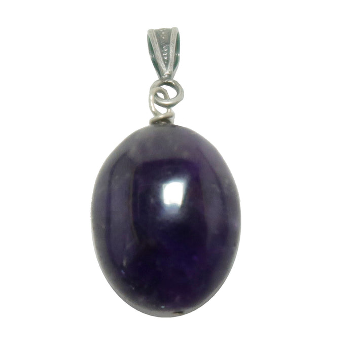 Purple Amethyst pendant with silver chain on a white background