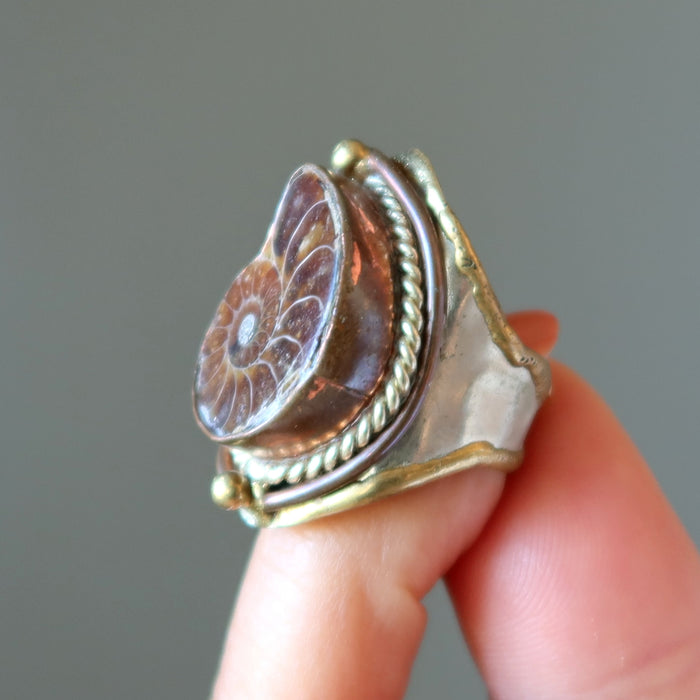 Ammonite Ring Fossilized Gem Ancient Power Adjustable