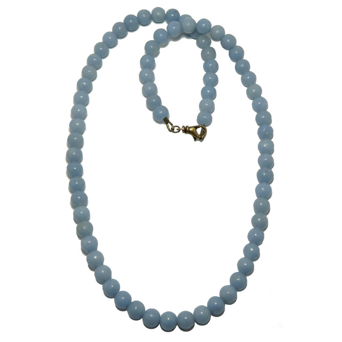 Light blue Angelite beaded necklace on a white background