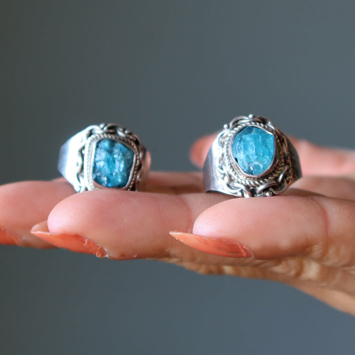 Apatite Ring Radiant Raw Blue Gem Manifestation Sterling Silver