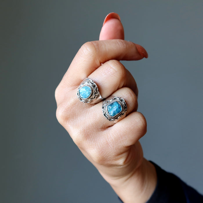 Apatite Ring Radiant Raw Blue Gem Manifestation Sterling Silver