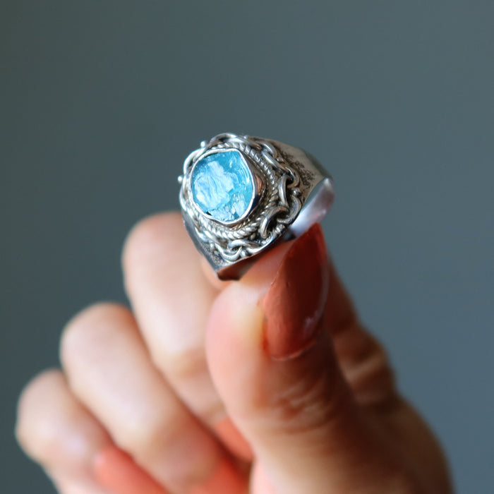 Apatite Ring Radiant Raw Blue Gem Manifestation Sterling Silver