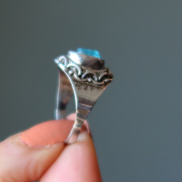 Apatite Ring Radiant Raw Blue Gem Manifestation Sterling Silver