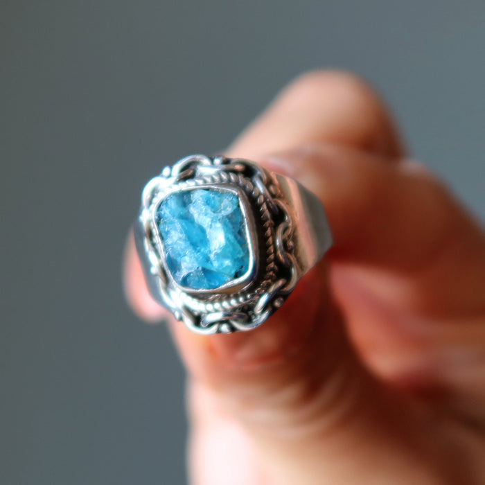 Apatite Ring Radiant Raw Blue Gem Manifestation Sterling Silver