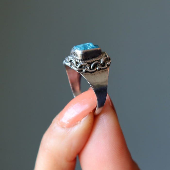 Apatite Ring Radiant Raw Blue Gem Manifestation Sterling Silver