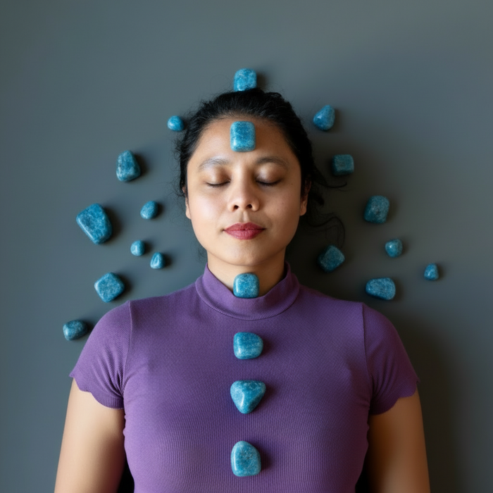 Woman with blue apatite stones on her head and body against a gray background