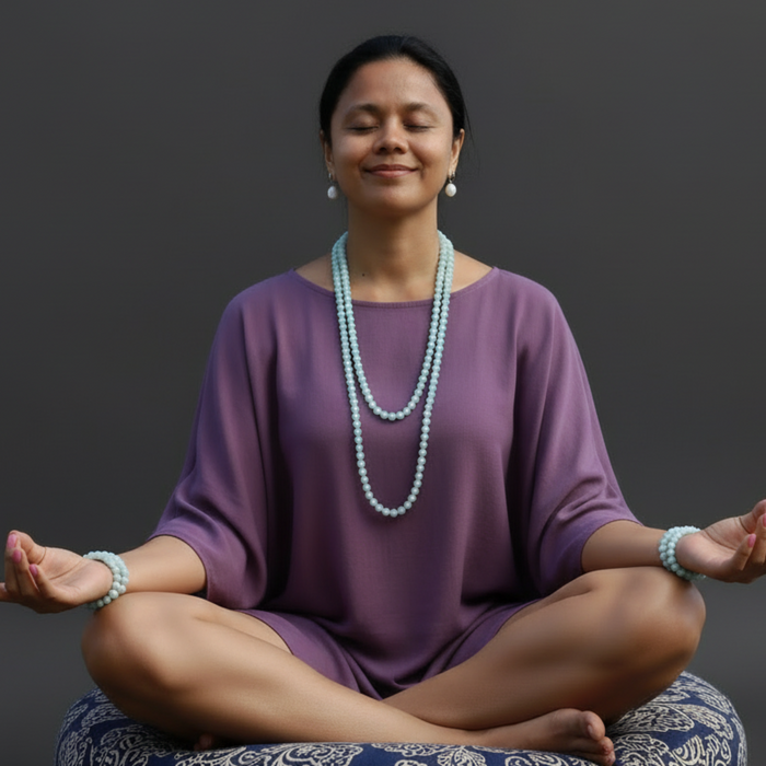 Woman in a purple dress sitting in a meditative pose on a dark background