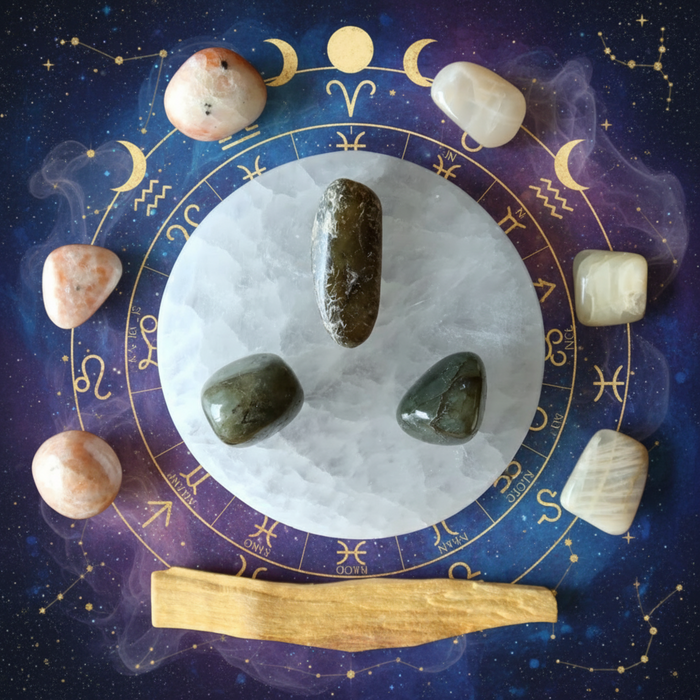 Rocks arranged on a astrological circle with stars and constellations in the background