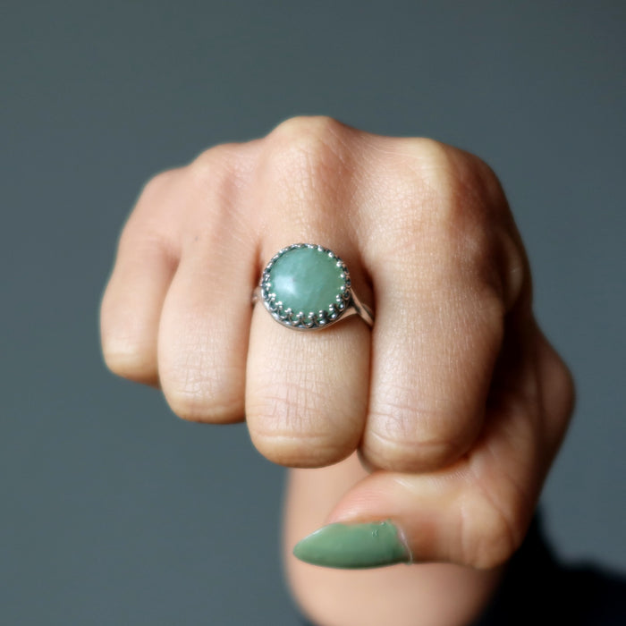 round green aventurine sterling silver ring