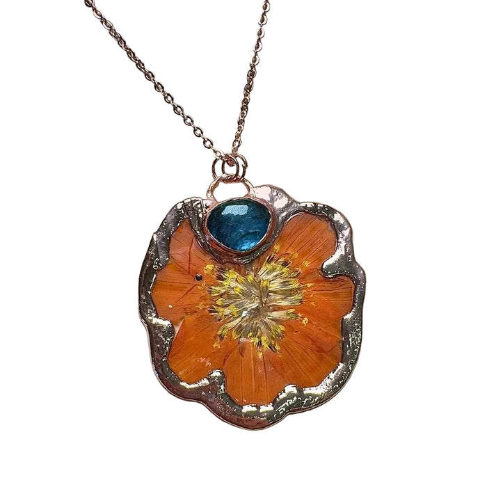 Labradorite Necklace Orange Flower Blue Gemstone