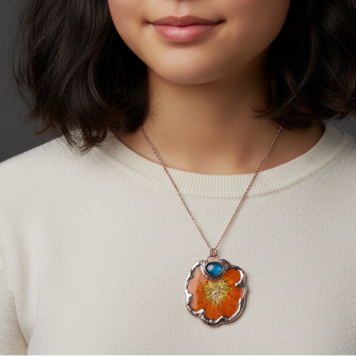 Labradorite Necklace Orange Flower Blue Gemstone
