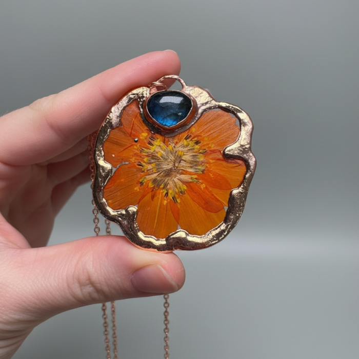 Labradorite Necklace Orange Flower Blue Gemstone