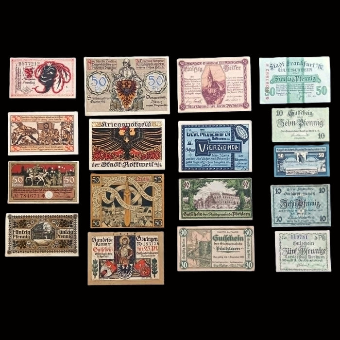 Antique Banknote Notgeld 17pc Collector Set 1917-21 Germany Austria WWI Emergency Paper Art