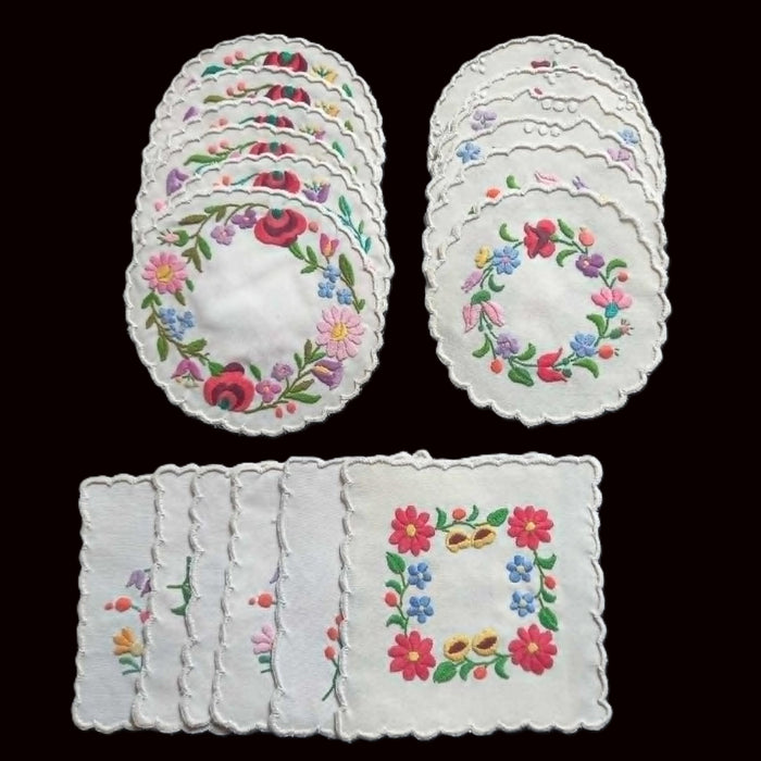 Vintage Hungarian Kalocsa Doily 18pc Set Hand Embroidered Floral Cottage Table Decor 1970s