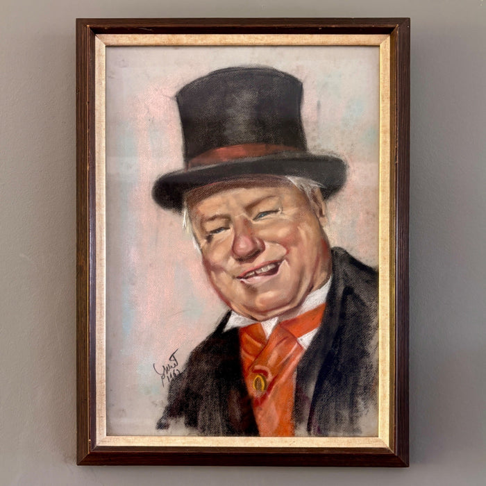Vintage Original Oil Portrait Painting Signed 1962 Framed Jolly Man Top Hat
