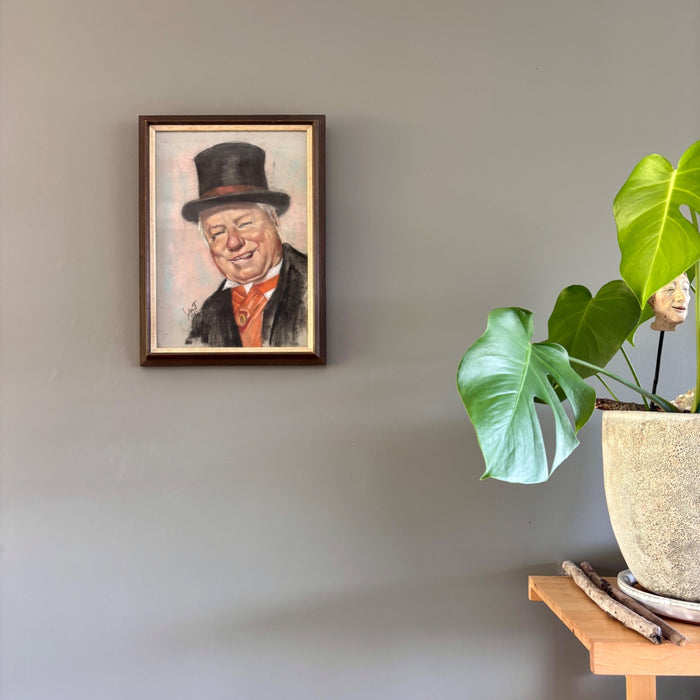 Vintage Original Oil Portrait Painting Signed 1962 Framed Jolly Man Top Hat