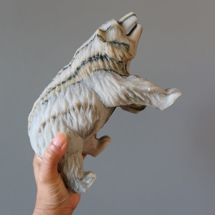 Calcite Bear Gray Stone Carving Wounded Animal Figurine 8.75 inch