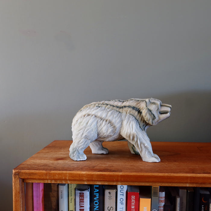 Calcite Bear Gray Stone Carving Wounded Animal Figurine 8.75 inch