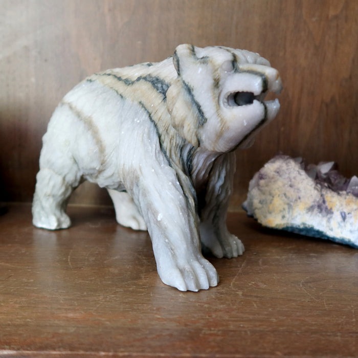 Calcite Bear Gray Stone Carving Wounded Animal Figurine 8.75 inch
