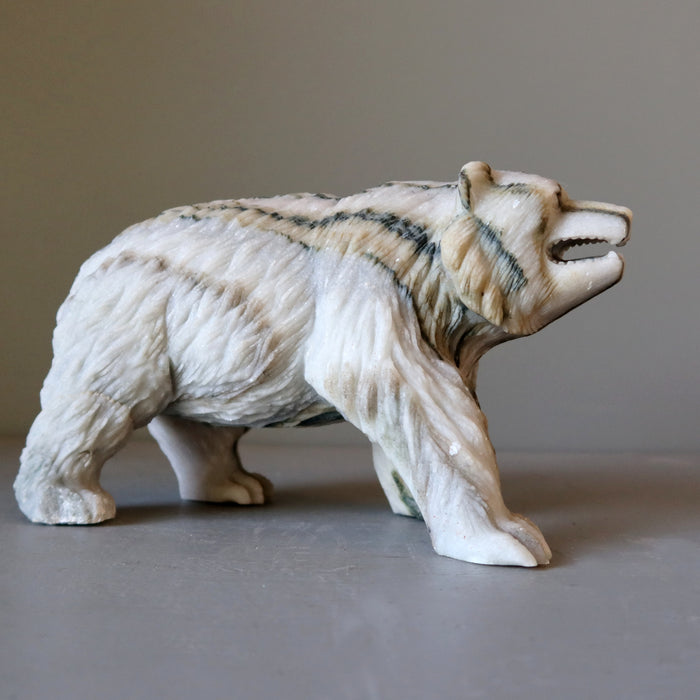 Calcite Bear Gray Stone Carving Wounded Animal Figurine 8.75 inch