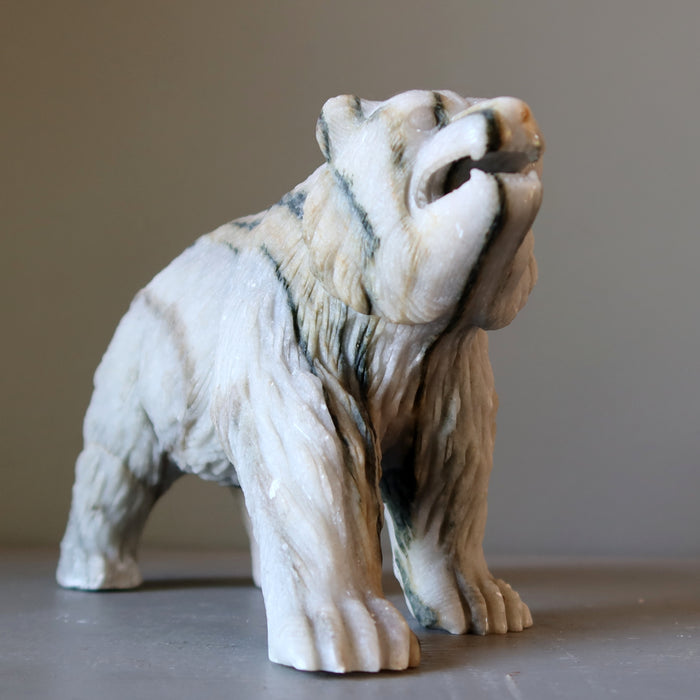 Calcite Bear Gray Stone Carving Wounded Animal Figurine 8.75 inch