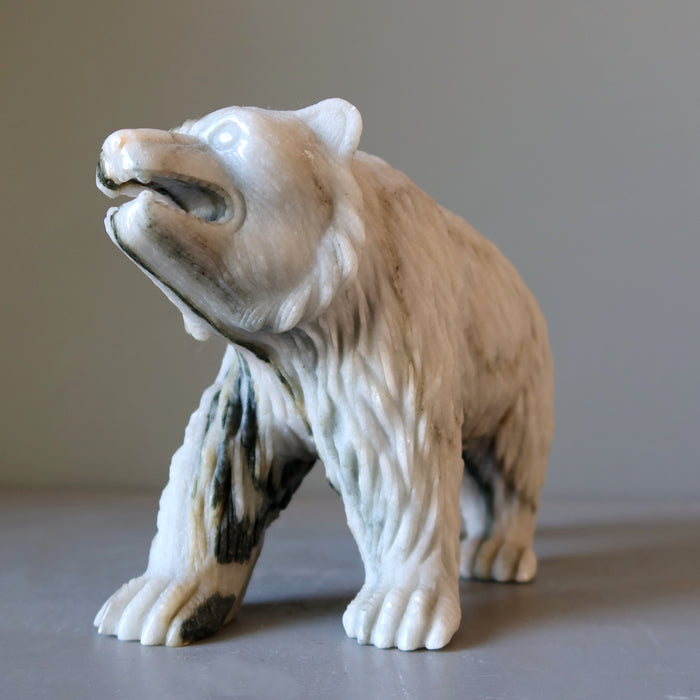 Calcite Bear Gray Stone Carving Wounded Animal Figurine 8.75 inch
