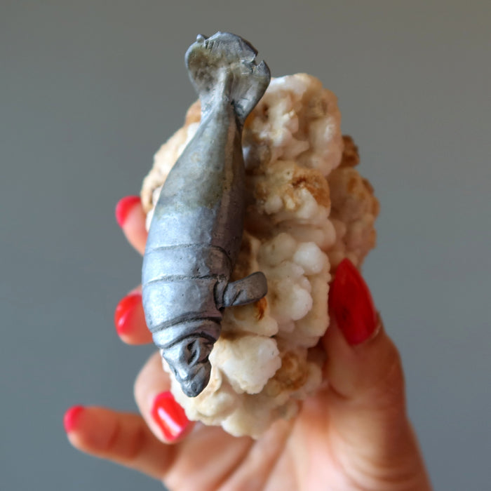 White Calcite Cluster with Glorious Silver Walrus Bubble Stalactite