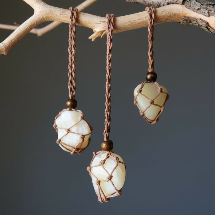 yellow calcite tumbled macrame necklaces