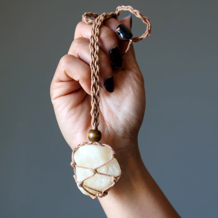 yellow calcite tumbled macrame necklace