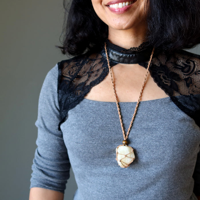 yellow calcite tumbled macrame necklace
