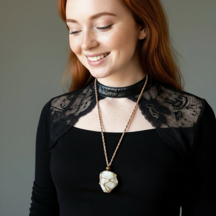 yellow calcite tumbled macrame necklace