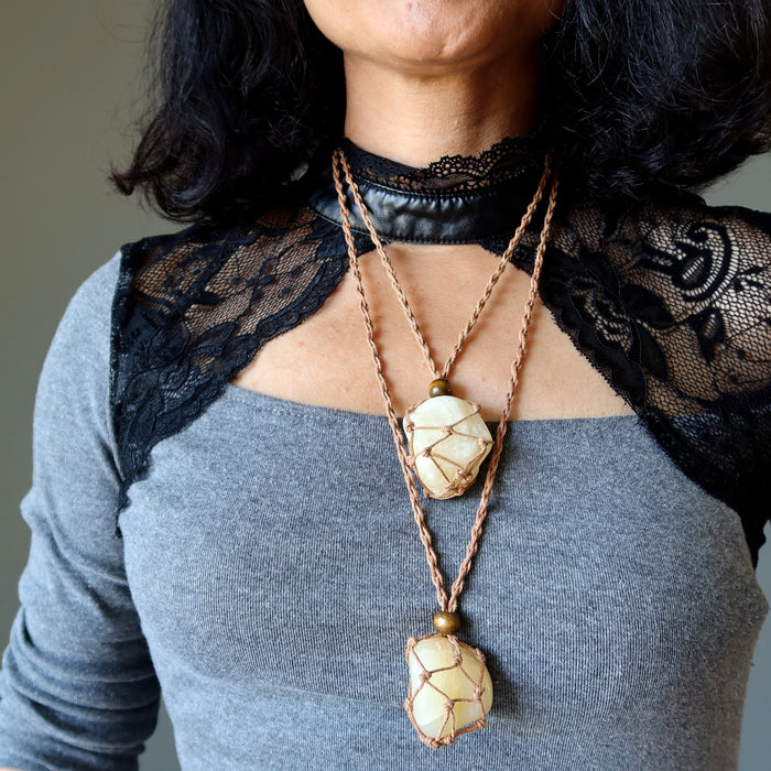 yellow calcite tumbled macrame necklaces