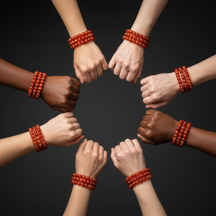 Hands with red carnelian bracelets arranged in a circle on a black background