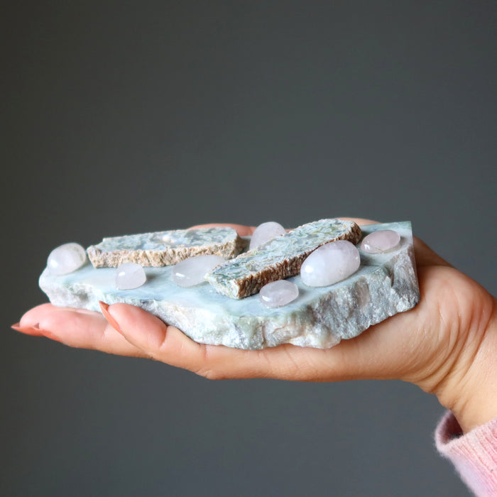 Heart Chakra Plate Grow My Love Rose Quartz Moss Agate Serpentine