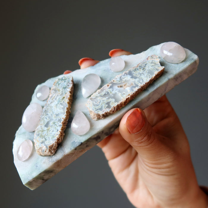 Heart Chakra Plate Grow My Love Rose Quartz Moss Agate Serpentine