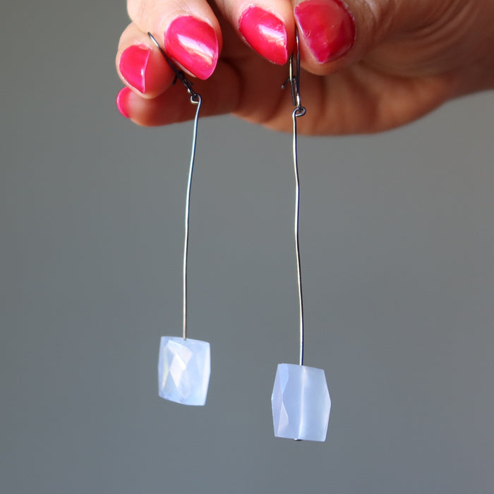 Chalcedony Earrings Divine Waves Blue Faceted Gemstone