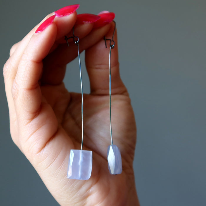 Chalcedony Earrings Divine Waves Blue Faceted Gemstone