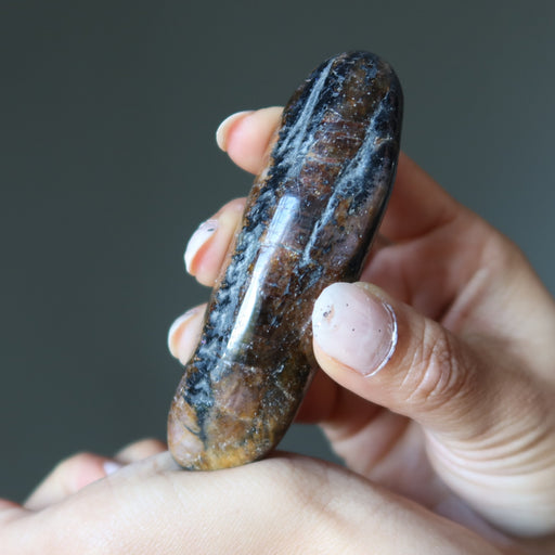 Hand holding a polished chiastolite stone against a dark background