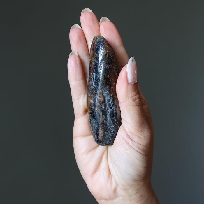 Hand holding a polished chiastolite  stone against a dark background