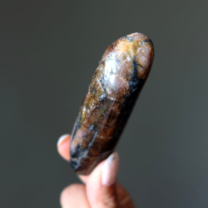 Hand holding a polished chiastolite stone against a dark background
