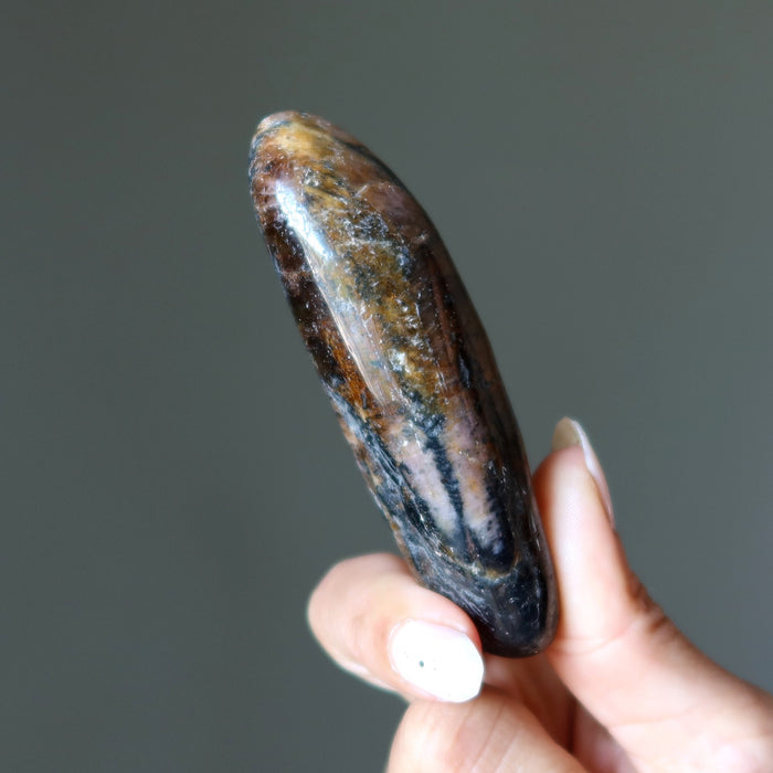 Hand holding a polished chiastolite stone against a gray background