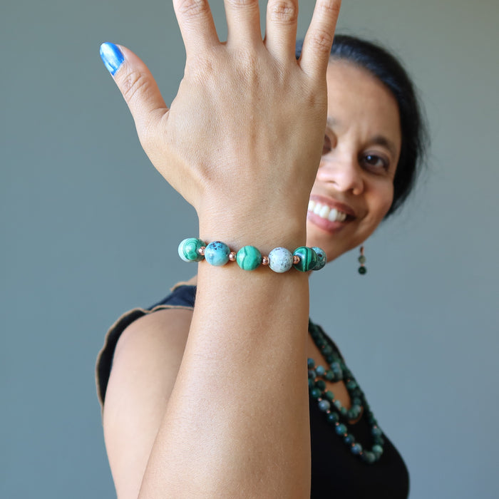 chrysocolla and malachite bracelet on hand